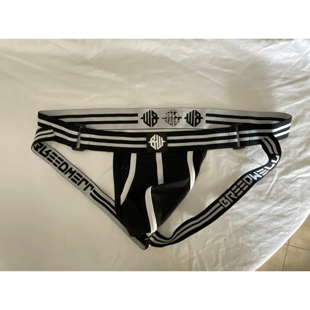 Mens Breedwell Jockstrap - Black & White Bold Logo Waistband - Night Gear Energy